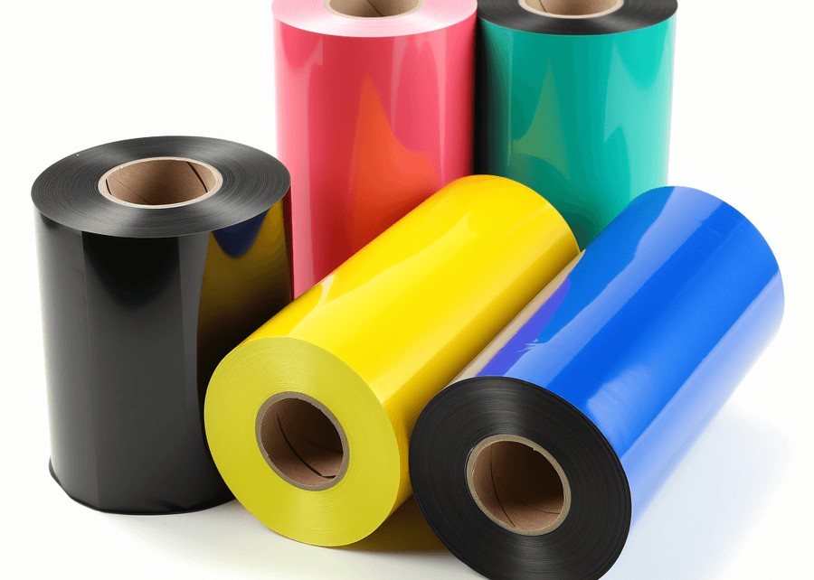 Thermal transfer ribbons in pink, green, yellow, blue and black